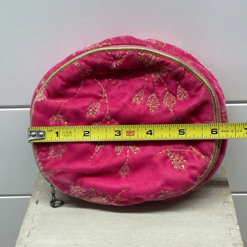 Vintage Ann Seton Hot Pink Velvet Gold Embroidered Travel Jewelry Case Organizer